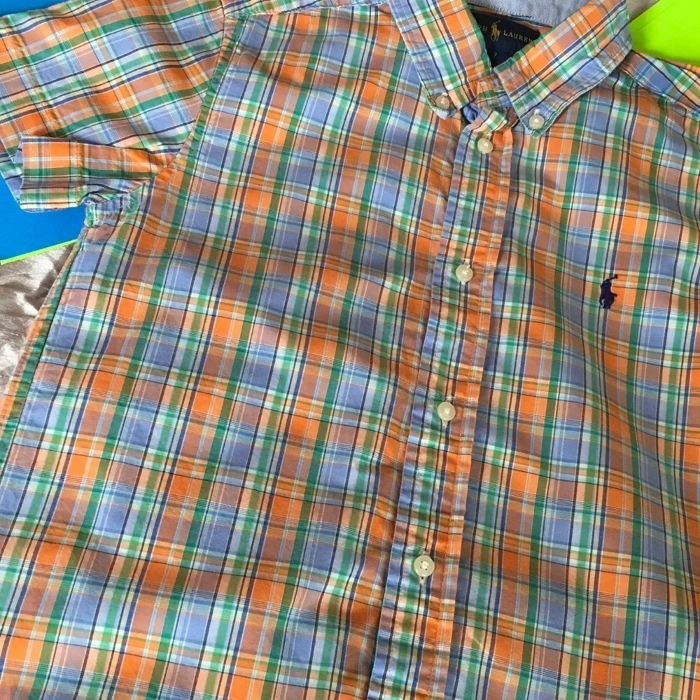 Ralph Lauren button down shirt orange & green boys GUC size 7